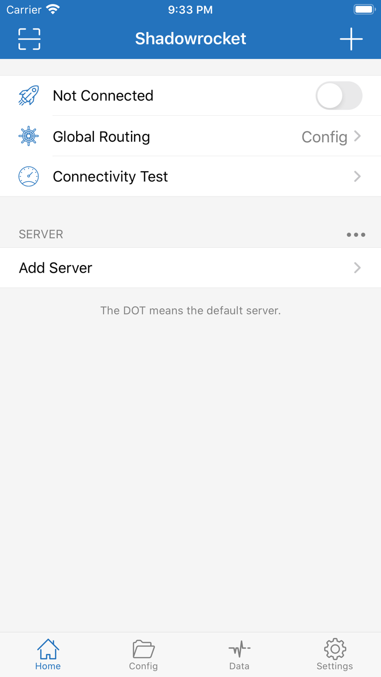 ShadowrocketのHome画面。Not Connectedのスイッチ、Global Routing、Connectivity Test、SERVERグループ、Add Serverが表示されています