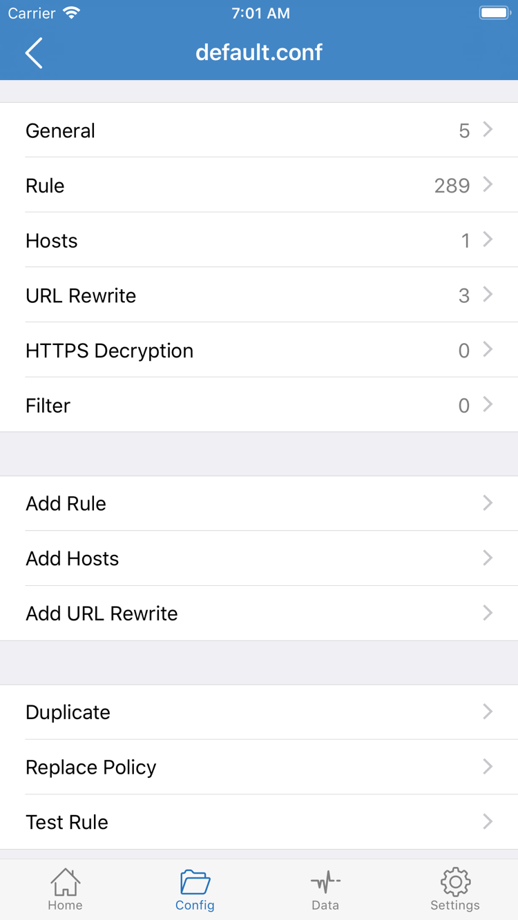ShadowrocketのConfig設定ファイル編集画面。General、Rule、Hosts、URL Rewrite、HTTPS Decryption、Add Ruleが表示されています