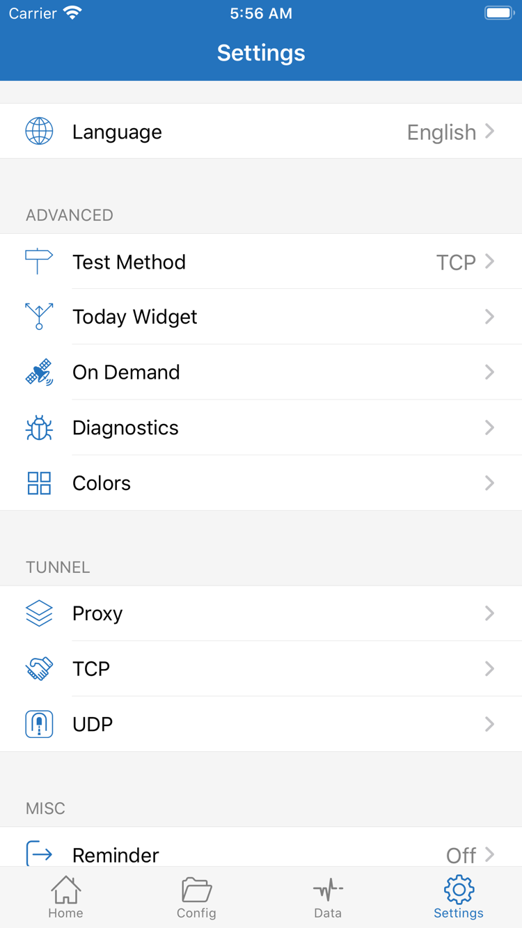 ShadowrocketのSettings画面。Language、Test Method、Today Widget、On Demand、Diagnostics、Proxy、TCP、UDPが表示されています