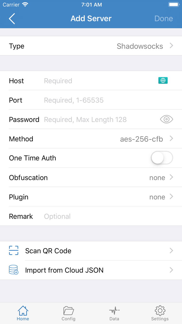 ShadowrocketのAdd Server画面。Type、Host、Port、Password、MethodとQRコード読み込み項目が表示されています